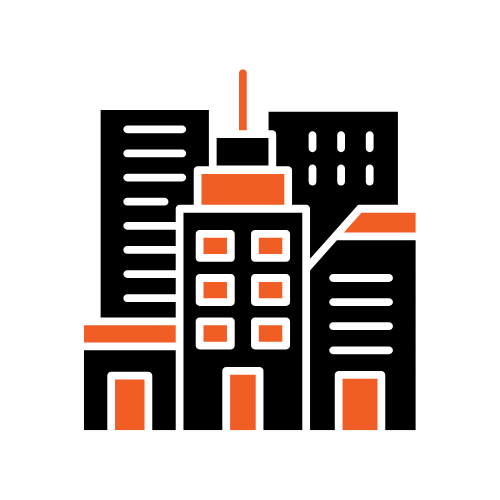 Un icono negro y naranja de una ciudad con edificios sobre un fondo blanco.