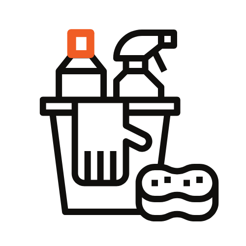 Un dibujo lineal de un balde lleno de productos de limpieza.