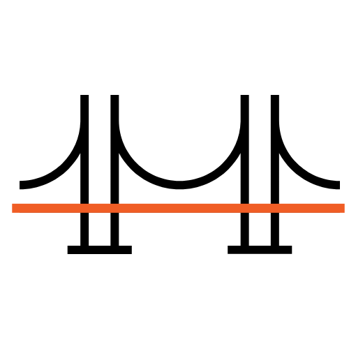 Un icono negro y naranja de un puente sobre un fondo blanco.