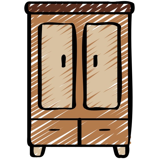 Armario de madera marrón con dos puertas y dos cajones.