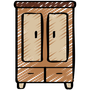 Armario de madera marrón con dos puertas y dos cajones.