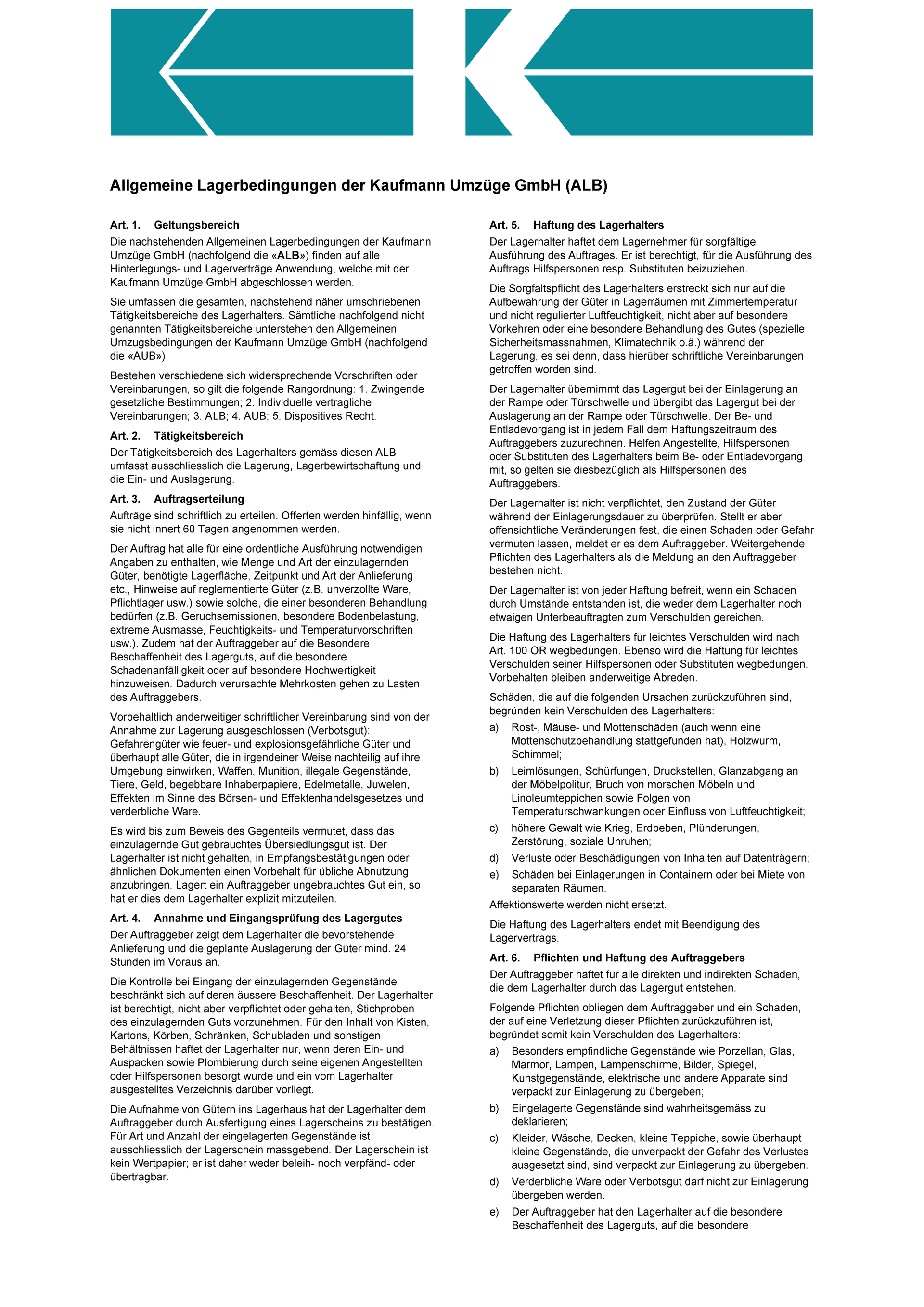 Seite 1 der allgemeinen Lagerbedingungen der Kaufmann Umzüge GmbH