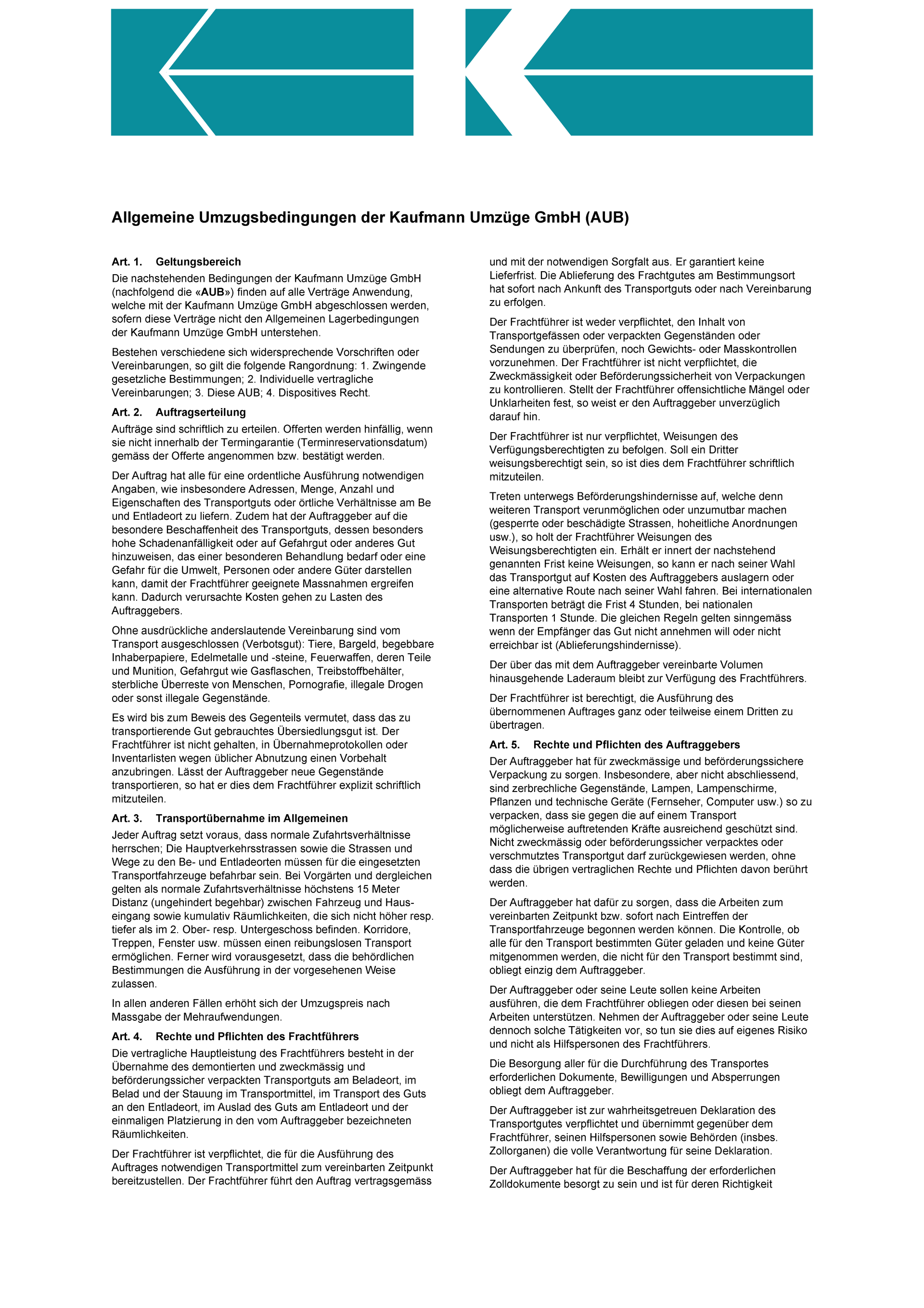 Seite 1 der allgemeinen Umzugsbedingungen der Kaufmann Umzüge GmbH