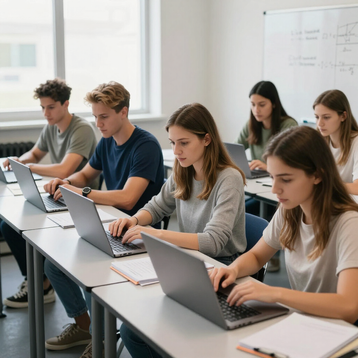 Alumnos utilizando ordenadores portátiles en un aula luminosa, sentados en mesas largas durante una clase.