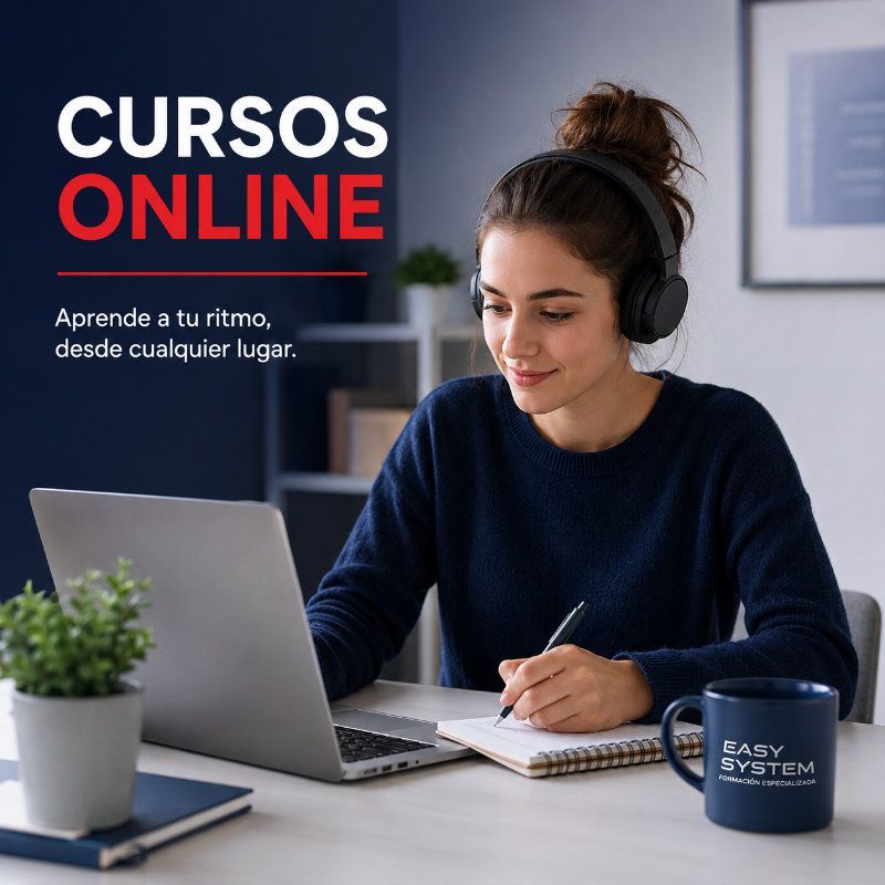 Mujer estudia en laptop con cuaderno; texto dice “CURSOS ONLINE” y “Aprende a tu ritmo, desde cualquier lugar”