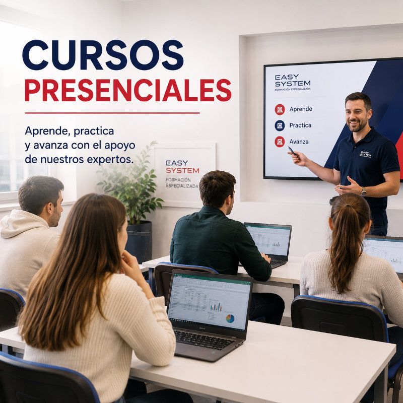 Aula de cursos presenciales con instructor frente a alumnos y una pantalla de presentación.