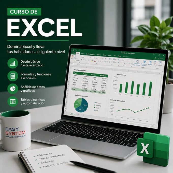 Curso de Excel con laptop mostrando gráficos verdes y taza de café sobre escritorio