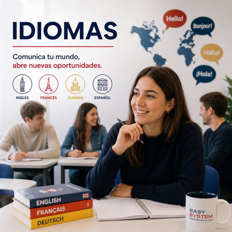 Cartel de clase de español con estudiantes, el título 