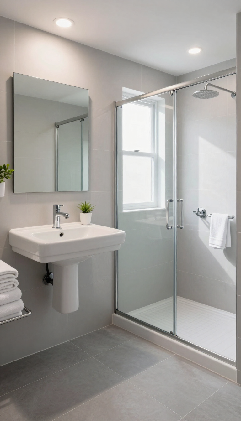 Baño moderno de color blanco con lavabo de pedestal, espejo y ducha con mampara de cristal.