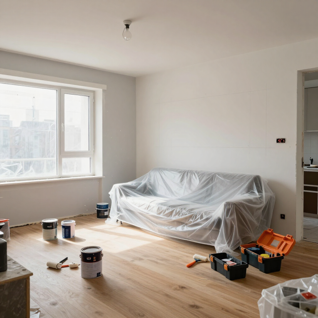 Habitación parcialmente amueblada con un sofá tapizado, herramientas, latas de pintura y cajas en el suelo.