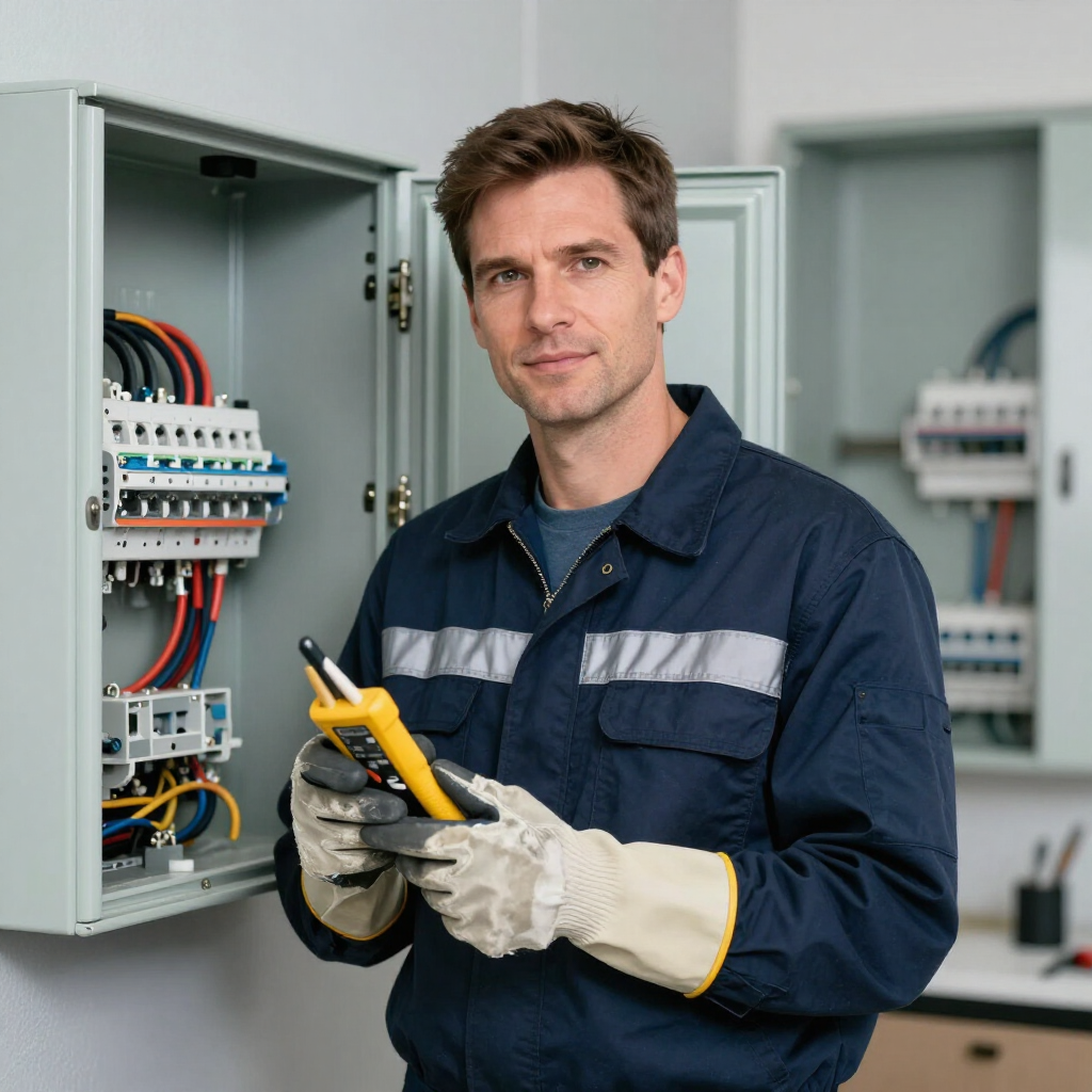 Técnico con mono azul sosteniendo un comprobador de voltaje junto a un panel de control eléctrico abierto.