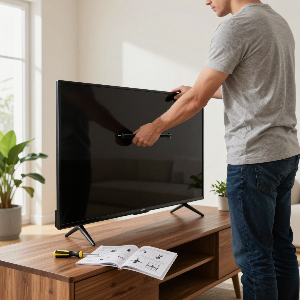 Persona montando un televisor de pantalla plana en un soporte de madera en una sala de estar luminosa.
