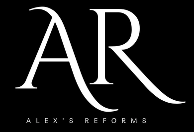 Logotipo blanco con el monograma “AR” sobre fondo negro con “Alex's Reforms” debajo.