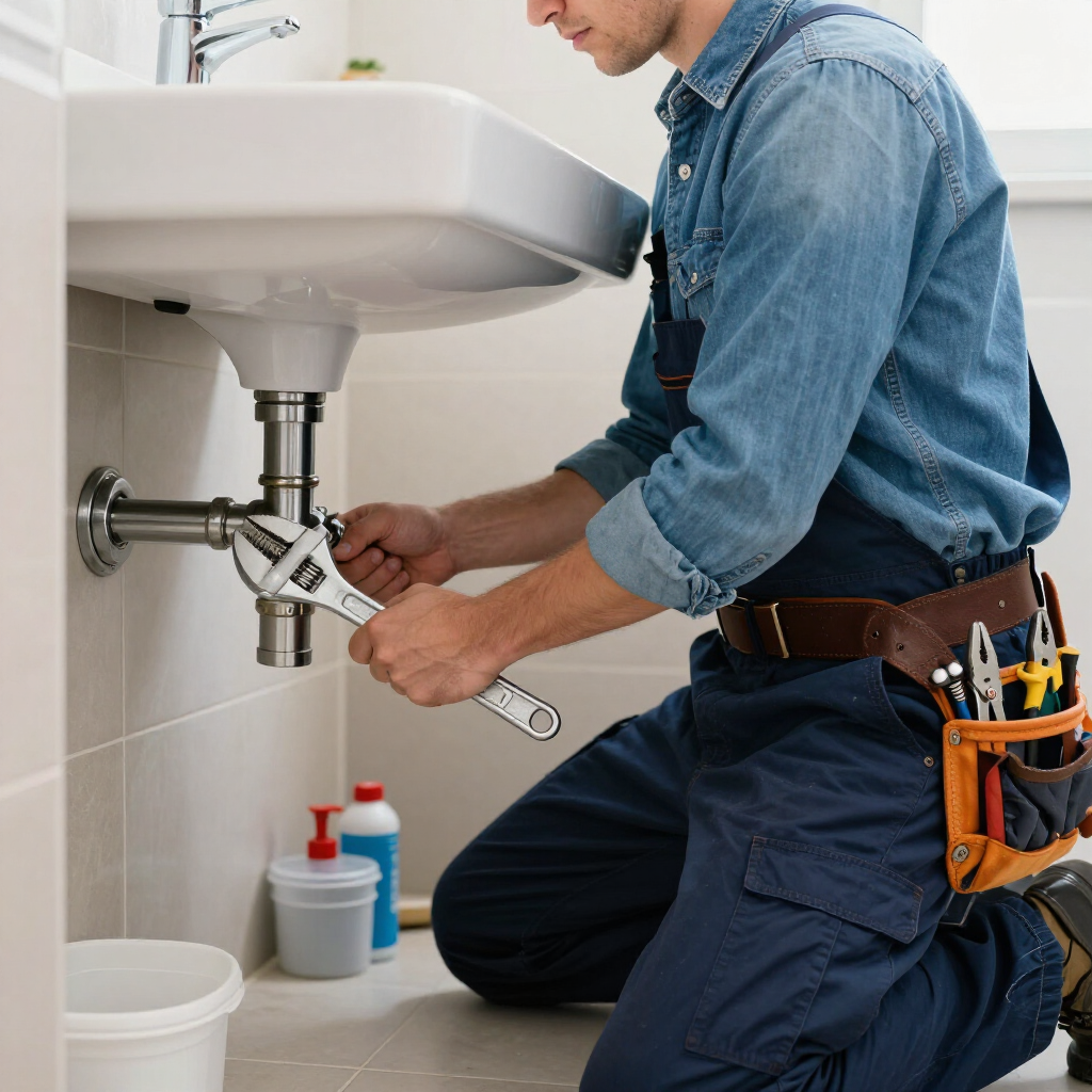 Un fontanero repara las tuberías del fregadero debajo de un lavabo blanco de baño, con las herramientas guardadas en una funda.