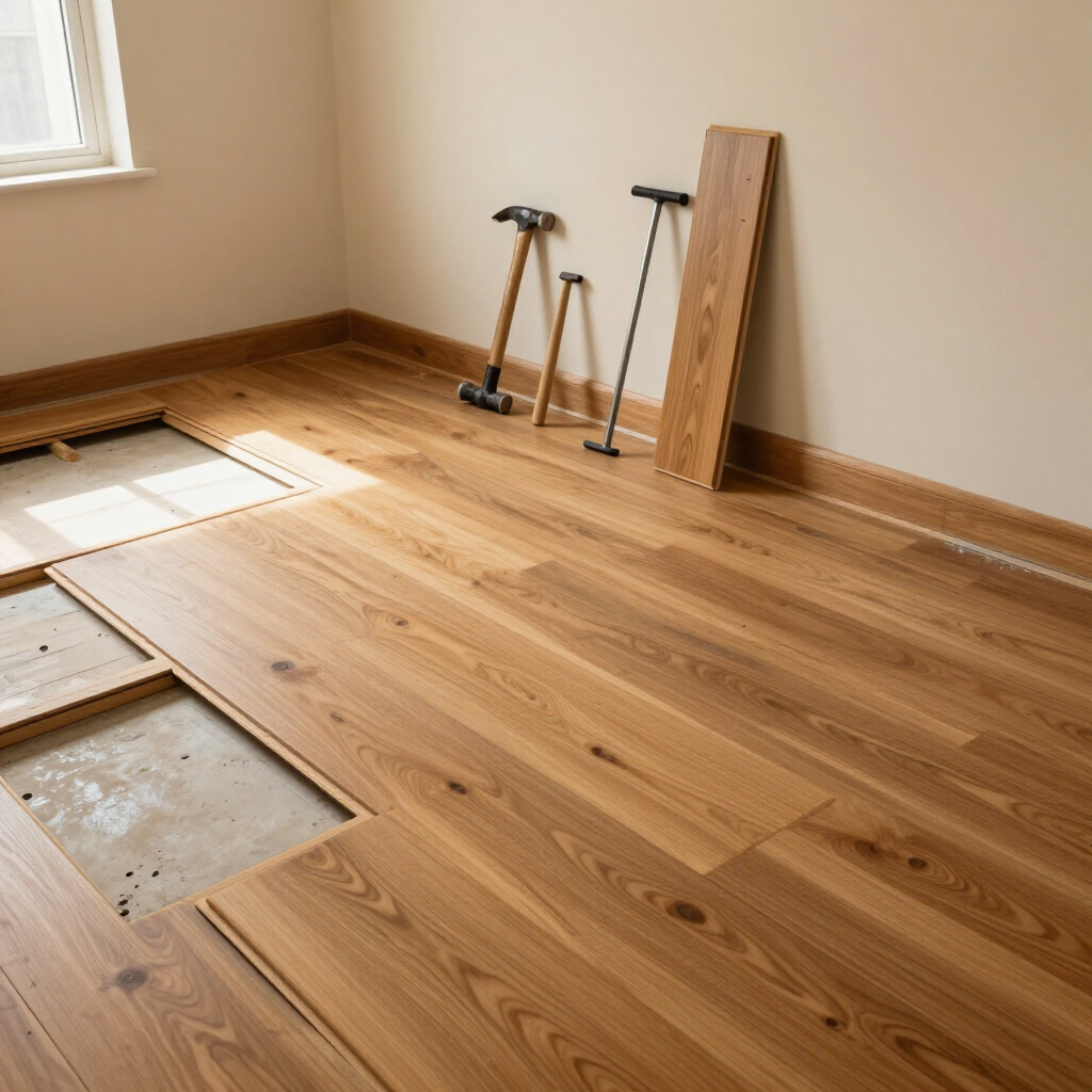 Suelo de madera clara parcialmente instalado en una habitación vacía con herramientas y tablas contra la pared.