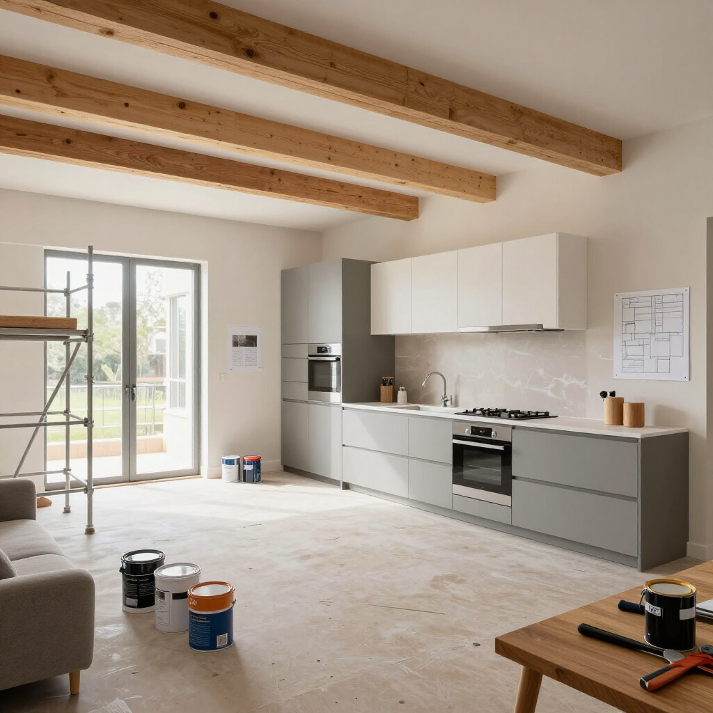 Cocina y sala de estar luminosas y sin terminar, con vigas de madera, armarios blancos y puertas correderas de cristal.