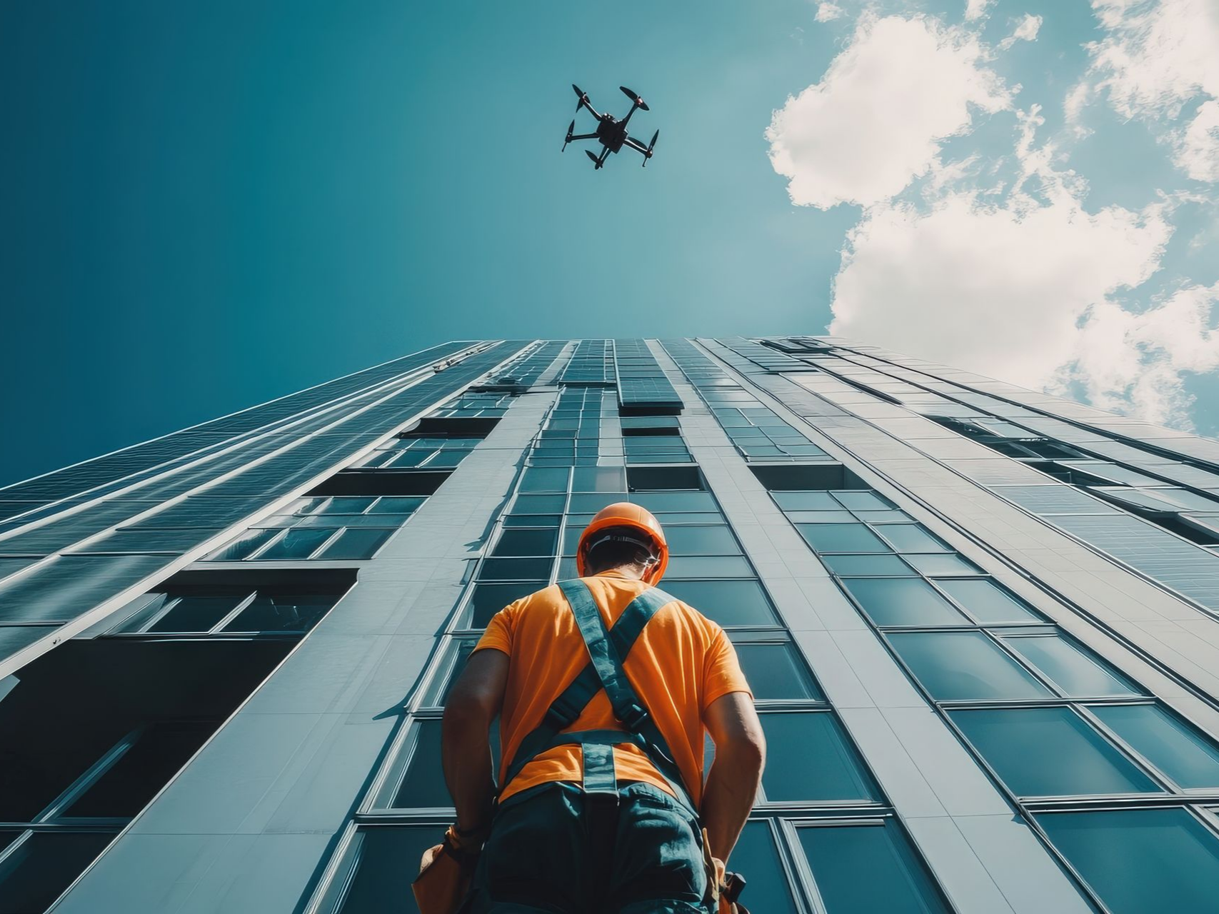 Un ouvrier du bâtiment regarde un drone survoler un grand immeuble sur fond de ciel bleu.