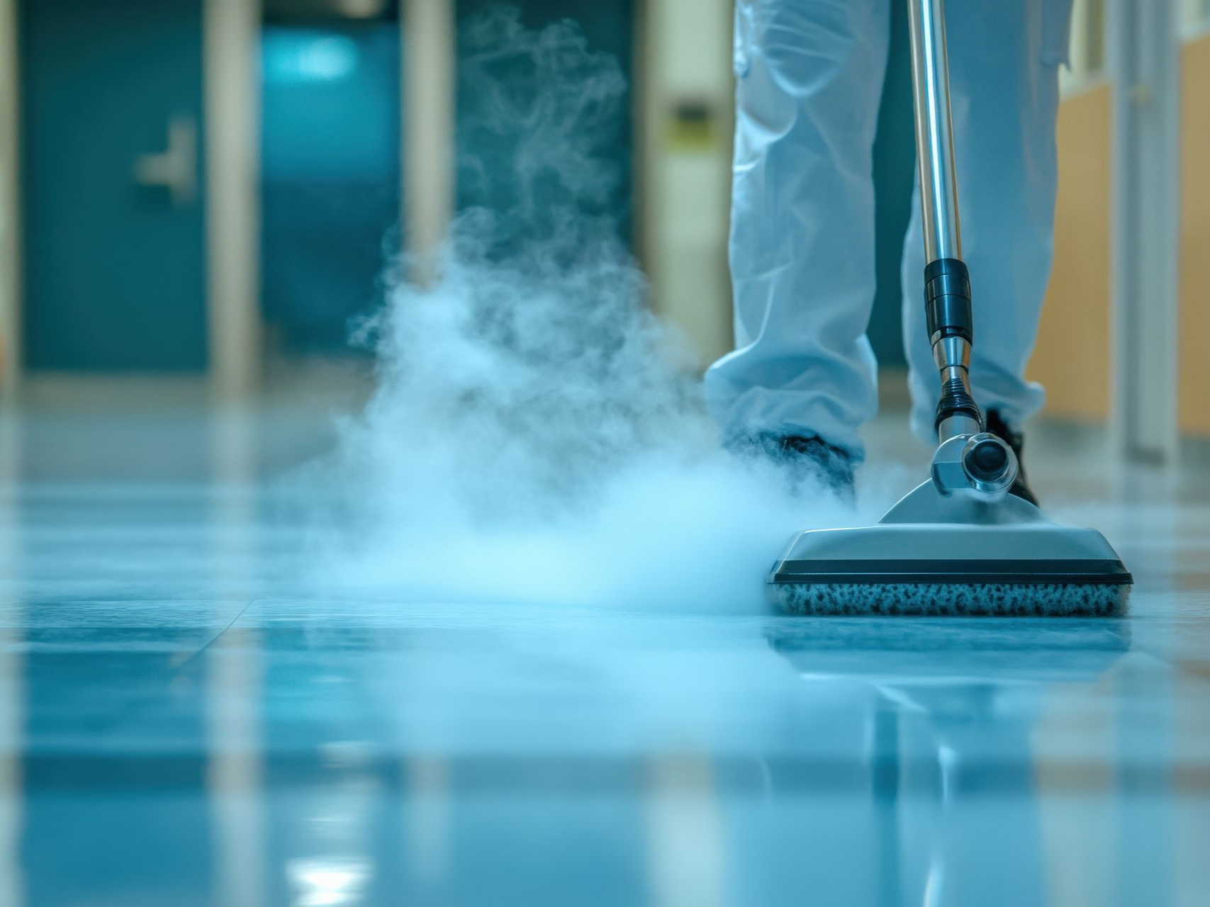 Une personne nettoie à la vapeur le sol carrelé de bleu brillant d'un couloir ; de la vapeur s'échappe de la tête d'un aspirateur.