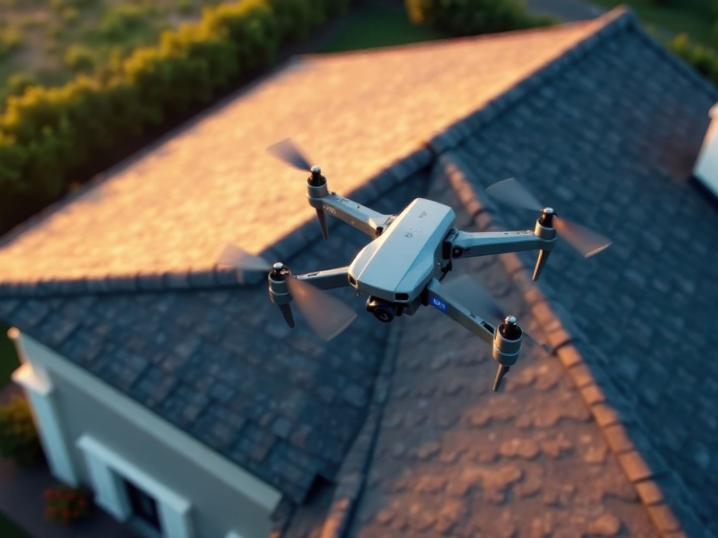 Drone survolant le toit d'une maison ; lumière chaude du soleil, tons gris et bruns.