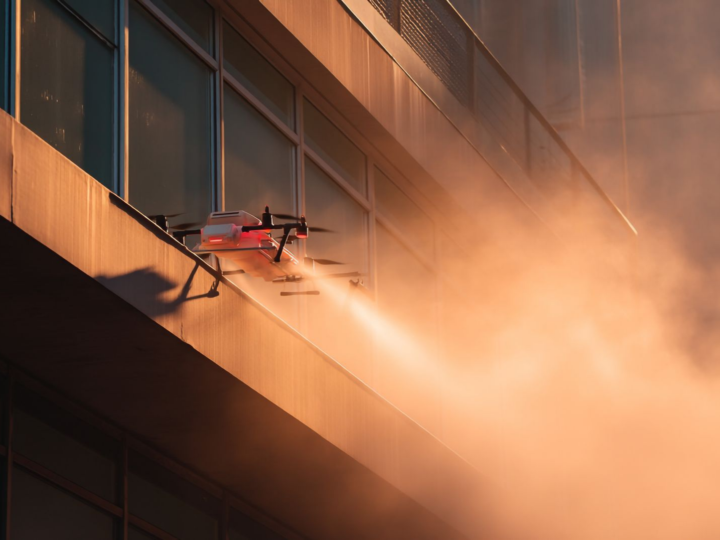 Un drone pulvérise de l'eau sur la façade d'un bâtiment, créant un brouillard. La lumière du soleil illumine la scène.