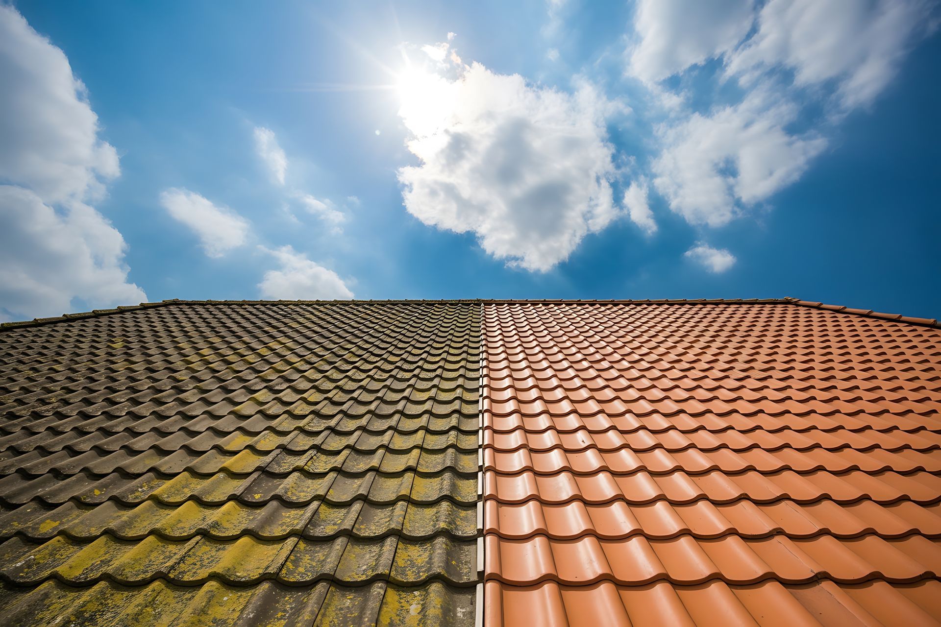 Sous un ciel bleu ensoleillé, les tuiles à moitié nettoyées contrastent avec celles couvertes de mousse.
