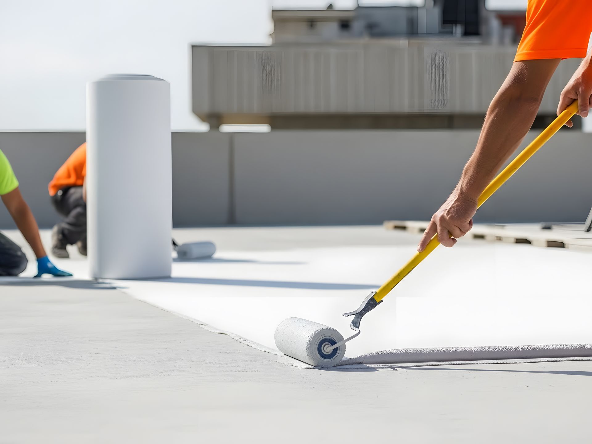 Un ouvrier applique un enduit blanc au rouleau sur un toit plat