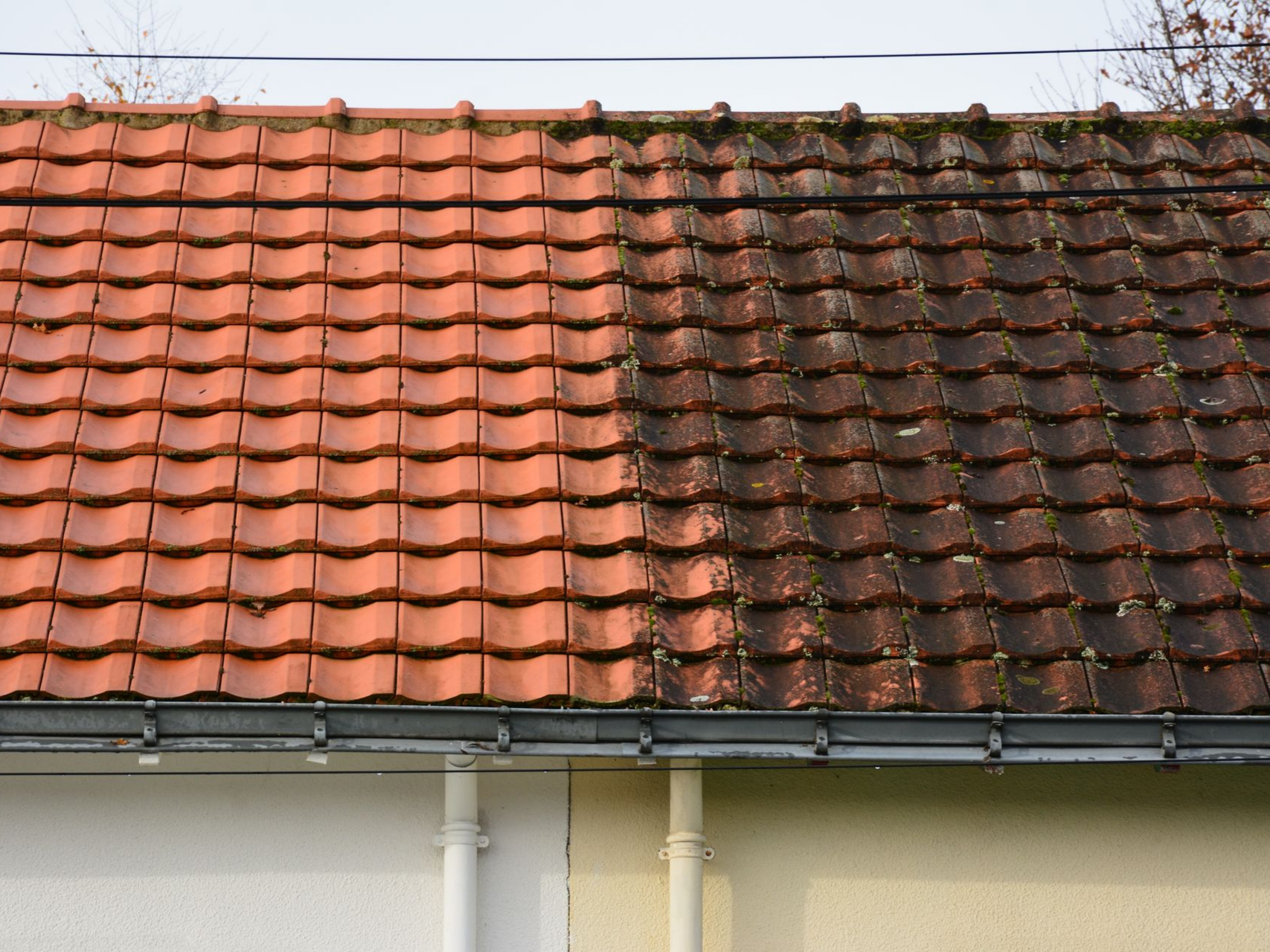 La moitié d'un toit en tuiles de terre cuite nettoyée et l'autre moitié recouverte de mousse.