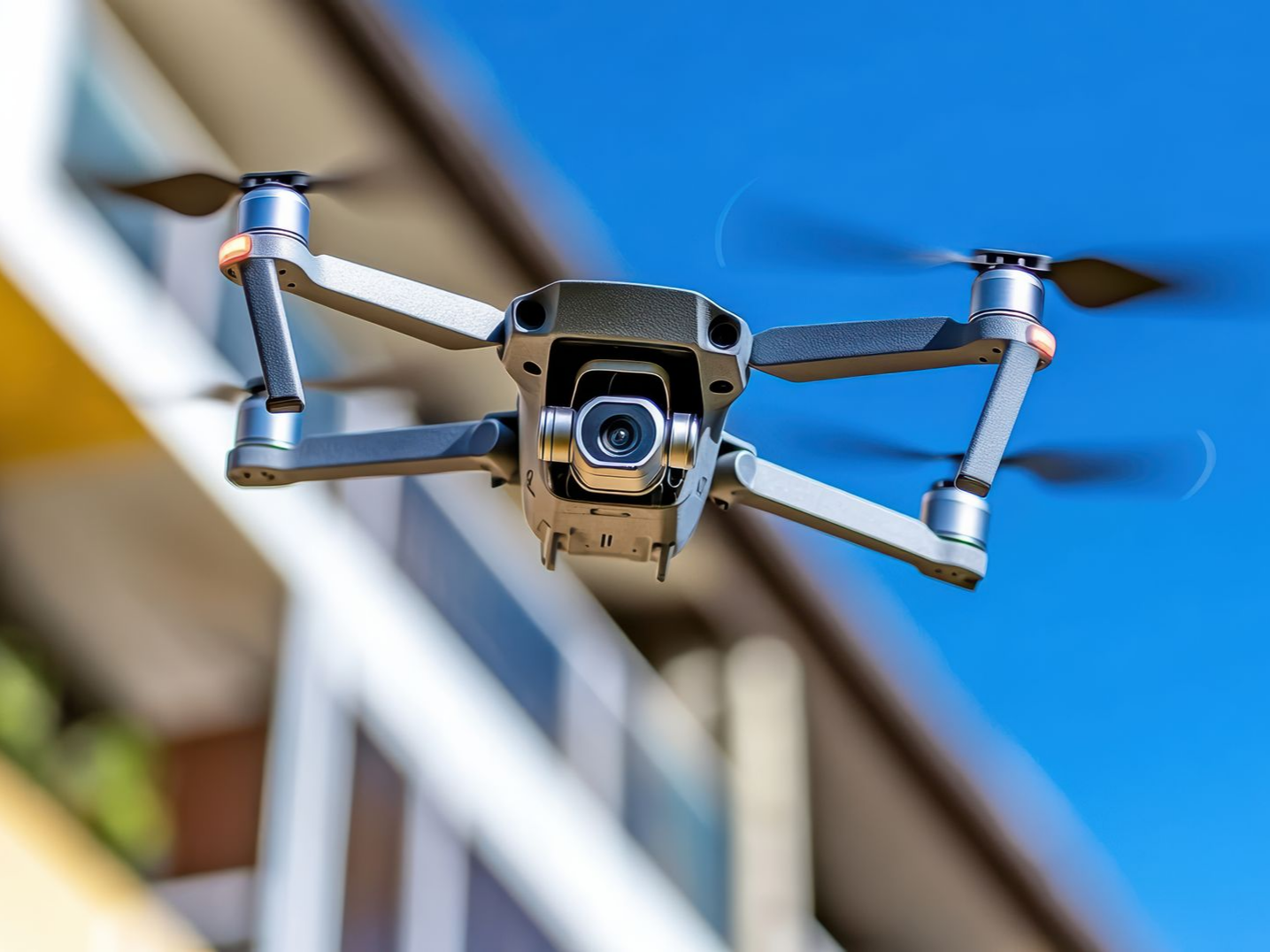 Drone aux bras gris et aux hélices tournantes en vol sur fond de ciel bleu.