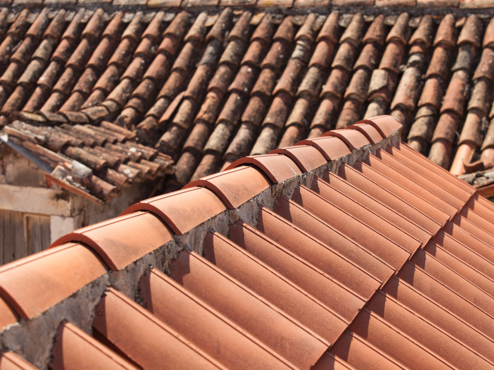 Gros plan sur des toits de tuiles en terre cuite orange, à la texture et à la lumière du soleil variables.