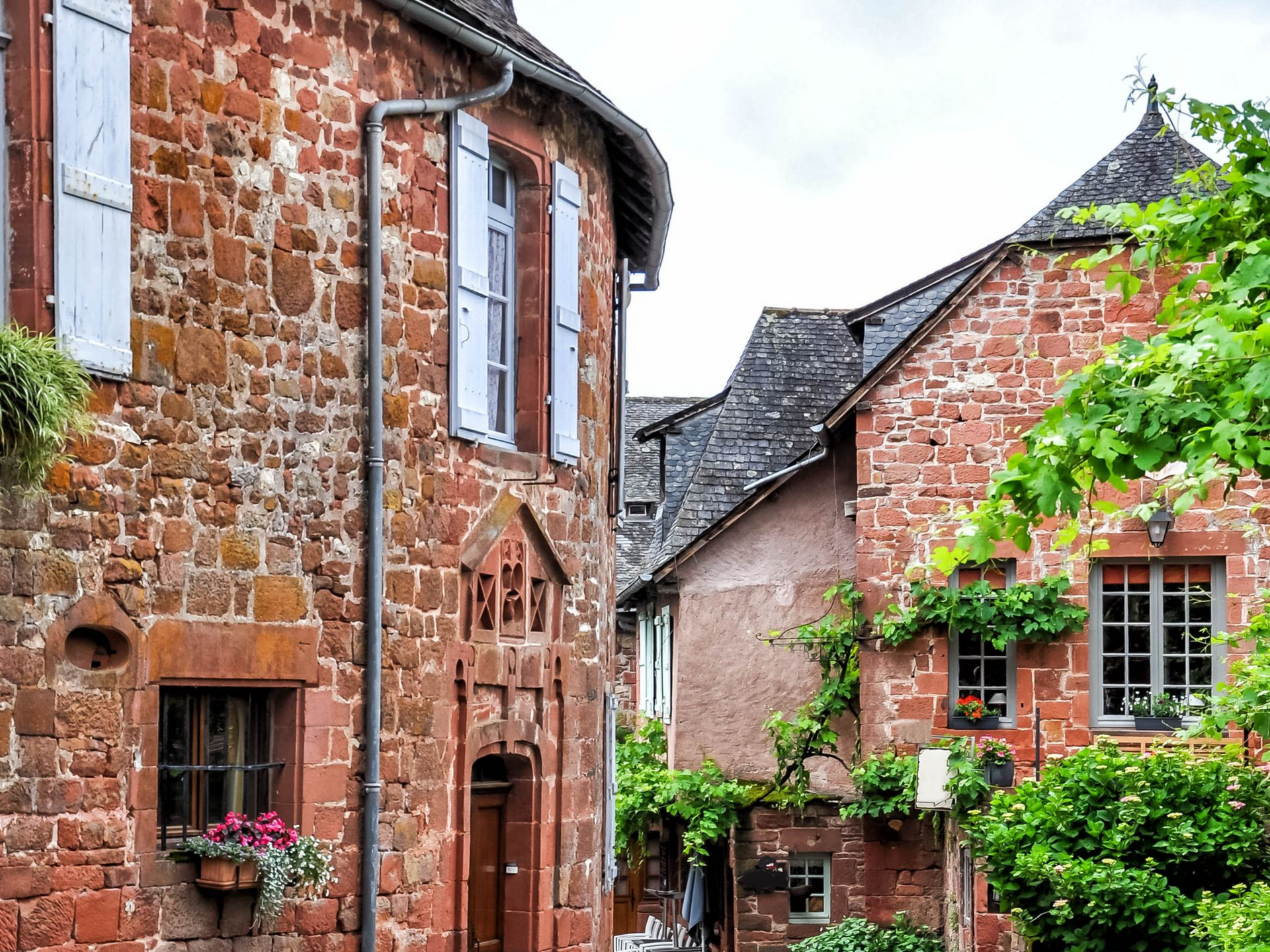 Bâtiments en briques rouges aux volets bleus dans une rue étroite ; vignes vertes, ciel couvert.