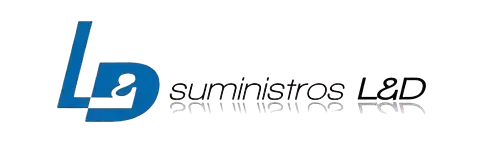 Un logotipo azul para suministros l&d sobre un fondo blanco