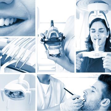 Un collage de imágenes que muestra a un hombre mientras un dentista le examina los dientes.