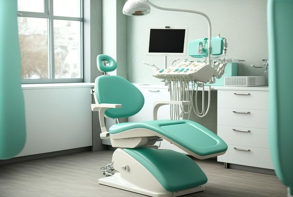 Un consultorio dental con un sillón dental y una máquina de ultrasonido.