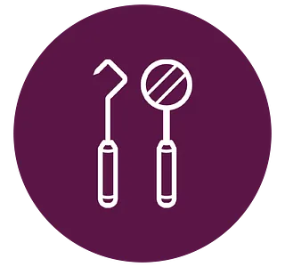 Un círculo morado con dos instrumentos dentales dentro.