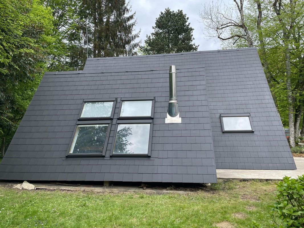 Petite maison moderne avec toit gris foncé et grandes fenêtres, entourée d'arbres et de pelouse.
