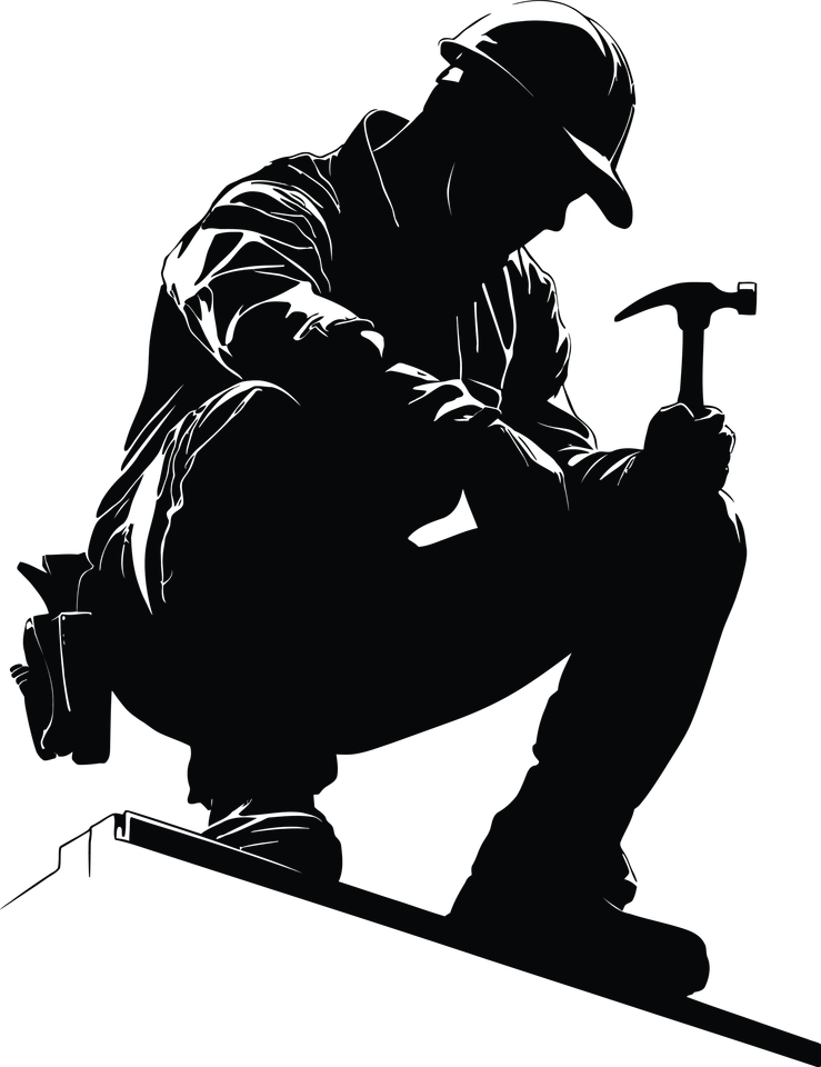 Silhouette d'un ouvrier du bâtiment agenouillé, un marteau à la main, tenant un clou sur une planche.