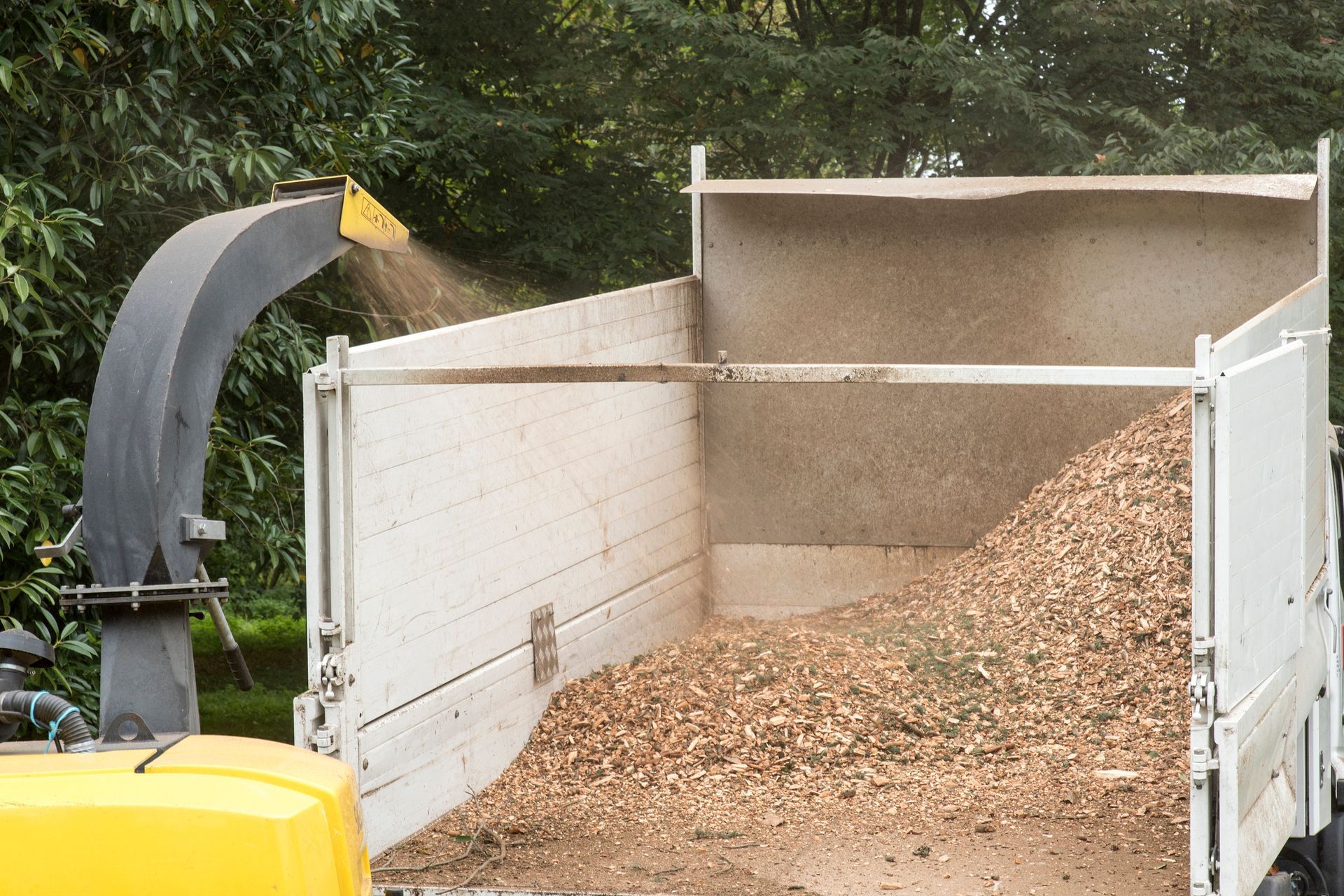 Broyeur de bois éjectant des copeaux de bois dans la benne d'un camion.