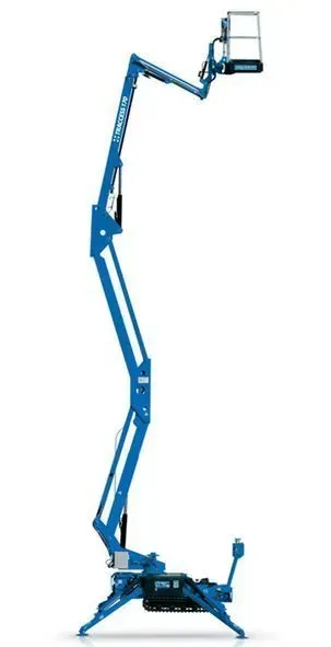 Nacelle élévatrice articulée bleue se déployant vers le haut, avec une plateforme de travail à son extrémité.
