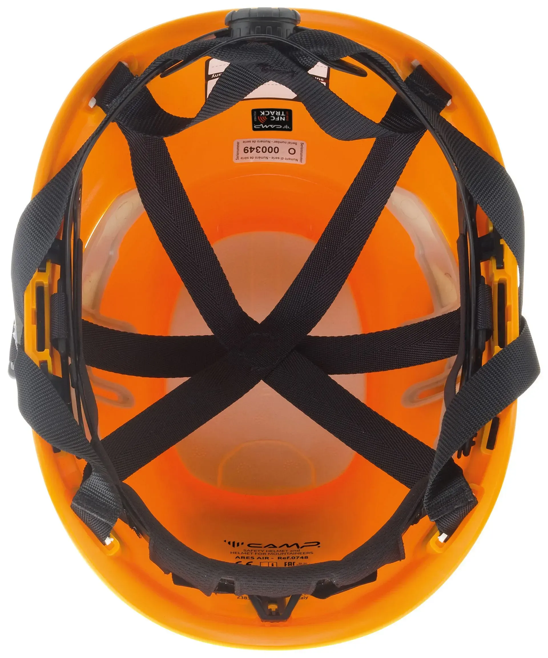 Vue intérieure d'un casque de chantier orange avec sangles noires et système de suspension.