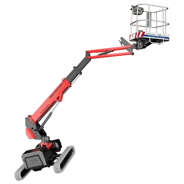 Nacelle élévatrice à chenilles rouge et grise avec une cage à l'extrémité, inclinée vers le haut sur fond blanc.