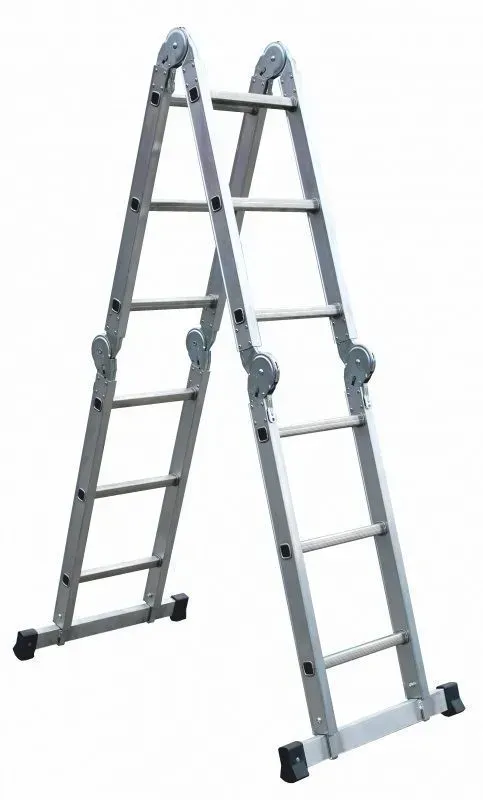 Échelle multipositions argentée, ouverte en configuration A sur fond blanc.