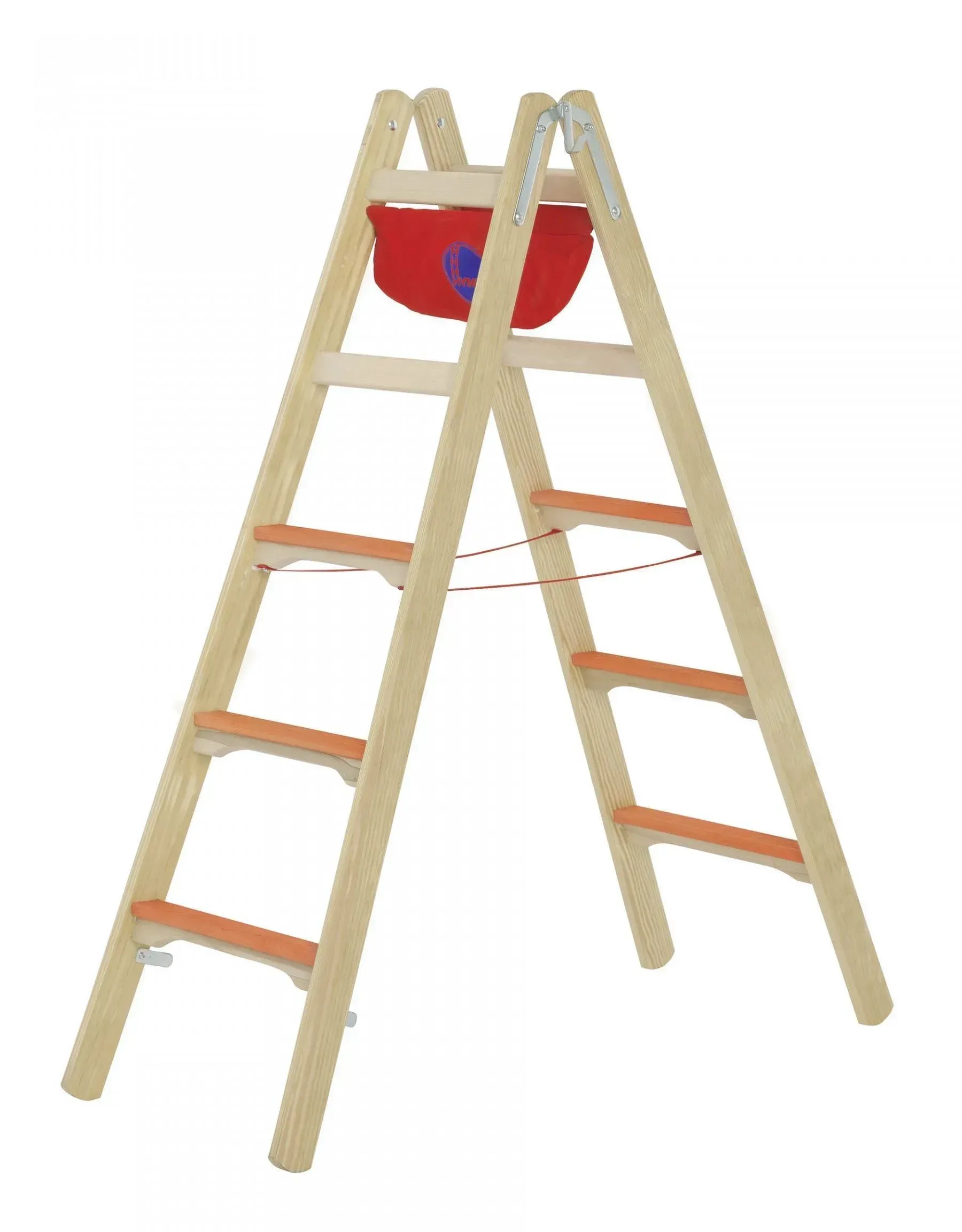 Échelle en bois en forme de A avec des barreaux orange supportant un bol rouge, probablement une mangeoire à oiseaux.