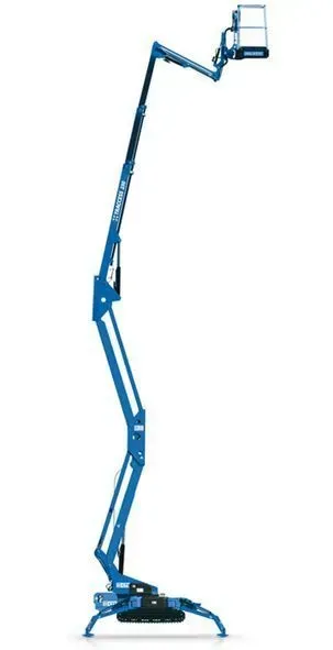 Nacelle télescopique bleue avec plateforme surélevée.