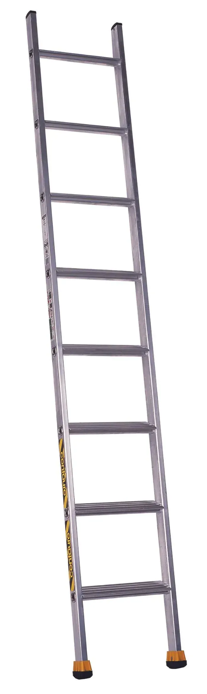 Échelle argentée légèrement penchée vers la gauche, avec pieds bruns.