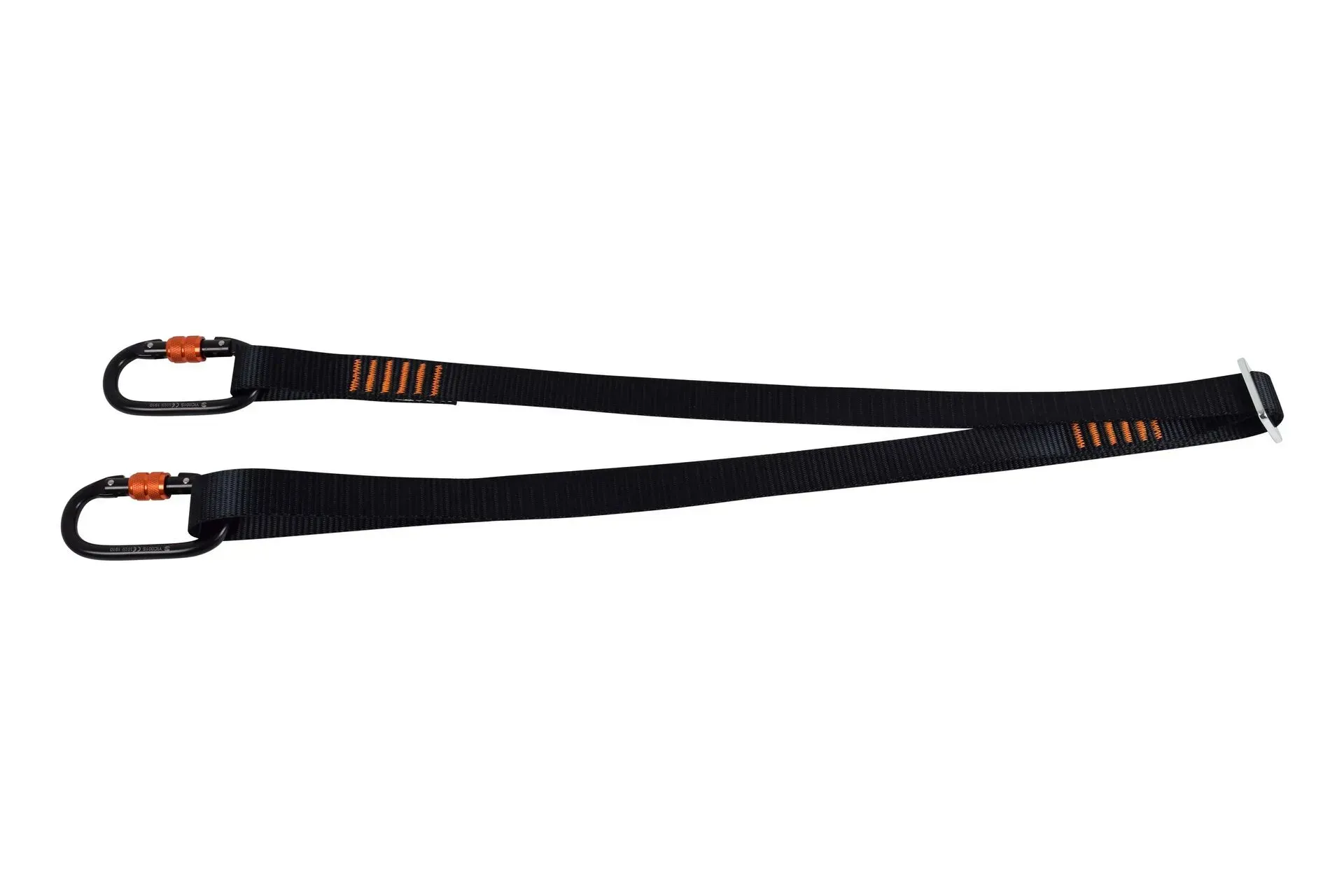 Sangle d'escalade noire avec deux mousquetons orange.
