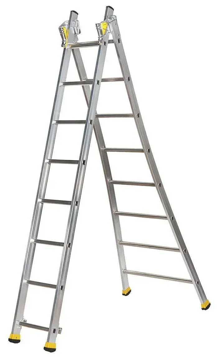 Échelle pliante en aluminium, style cadre en A, s'étendant vers le haut avec des pieds jaunes.