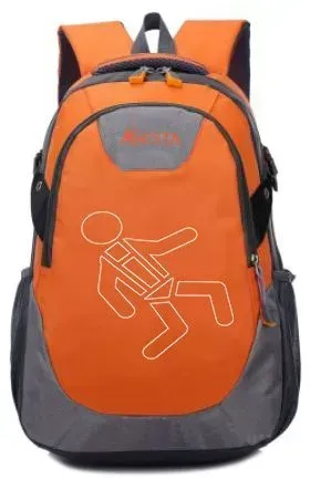 Sac à dos orange et gris avec un contour blanc d'une personne dans un harnais.