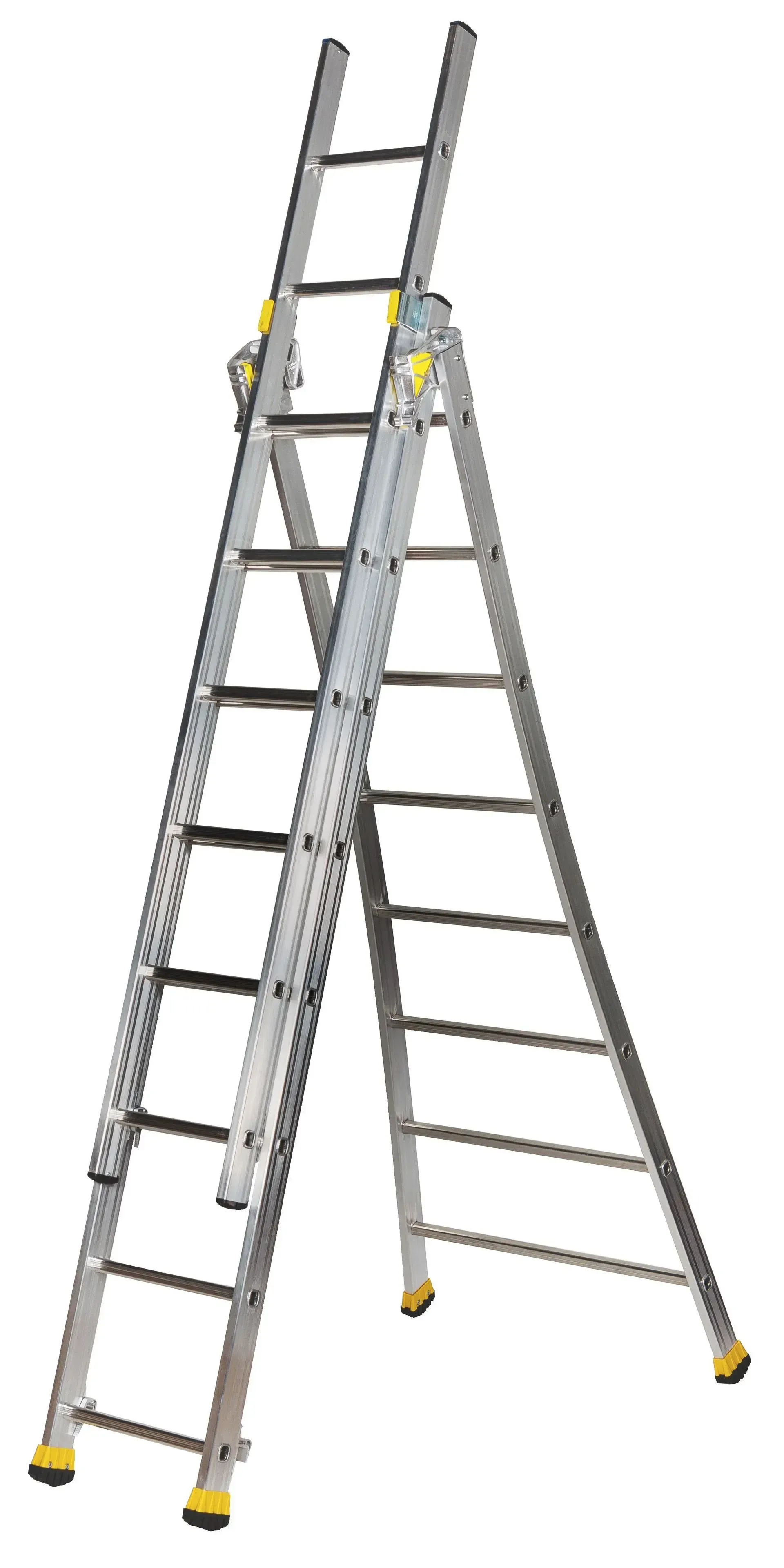 Une échelle multipositions en aluminium en configuration escabeau, avec pieds et charnières jaunes.