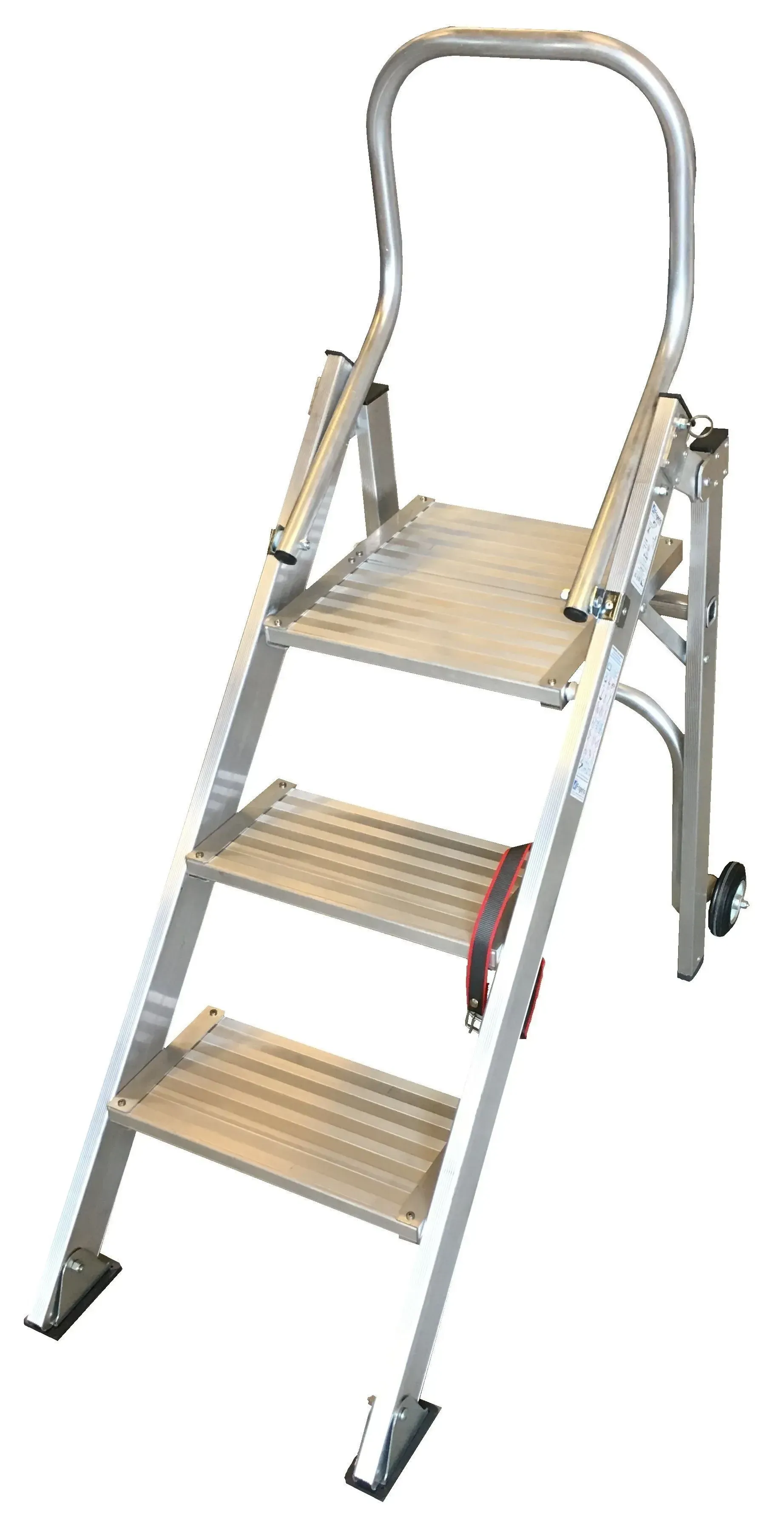 Escabeau roulant en aluminium avec trois marches, une plate-forme et une main courante.