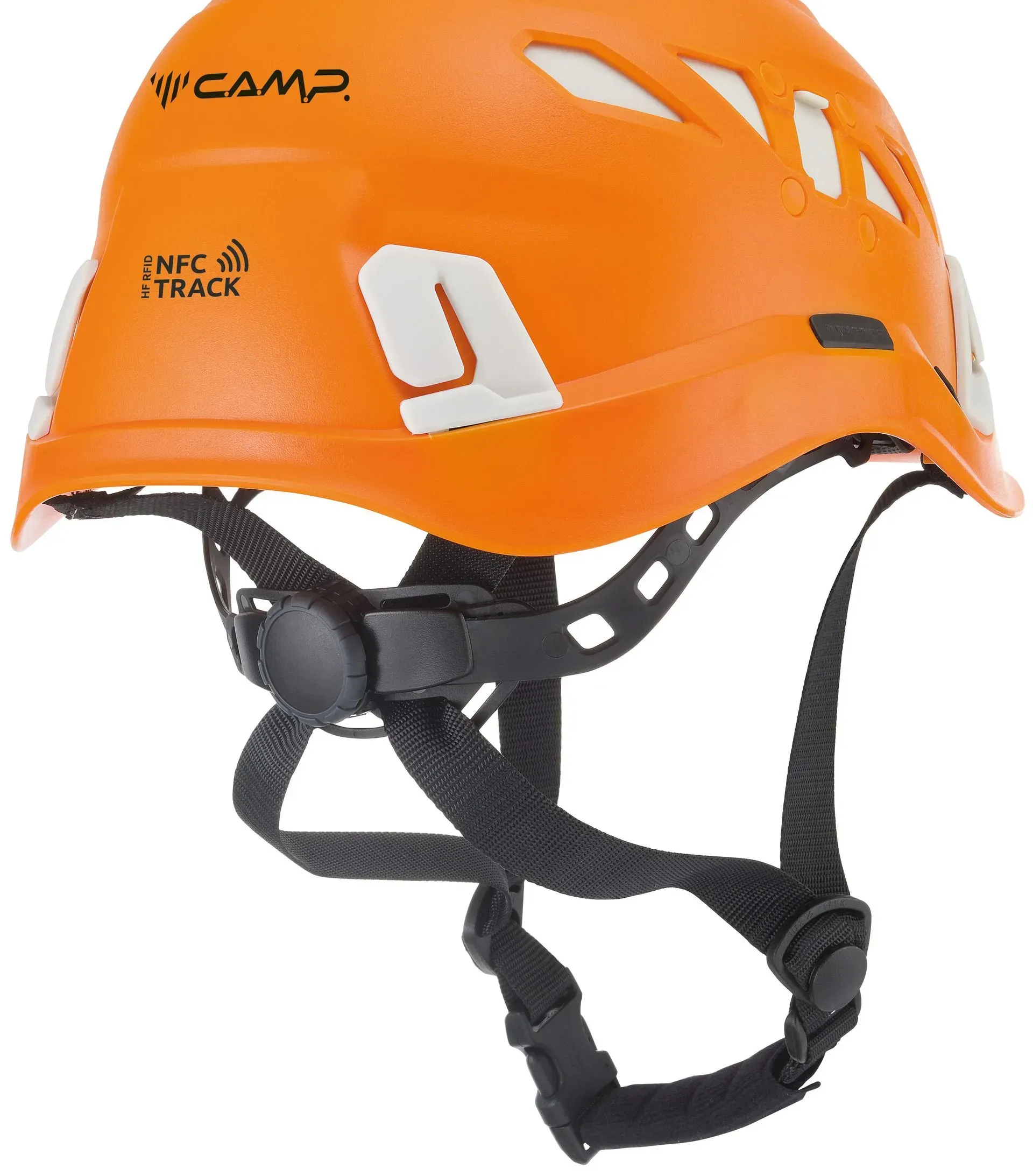 Casque d'escalade orange avec mentonnière noire et numéro neuf blanc.